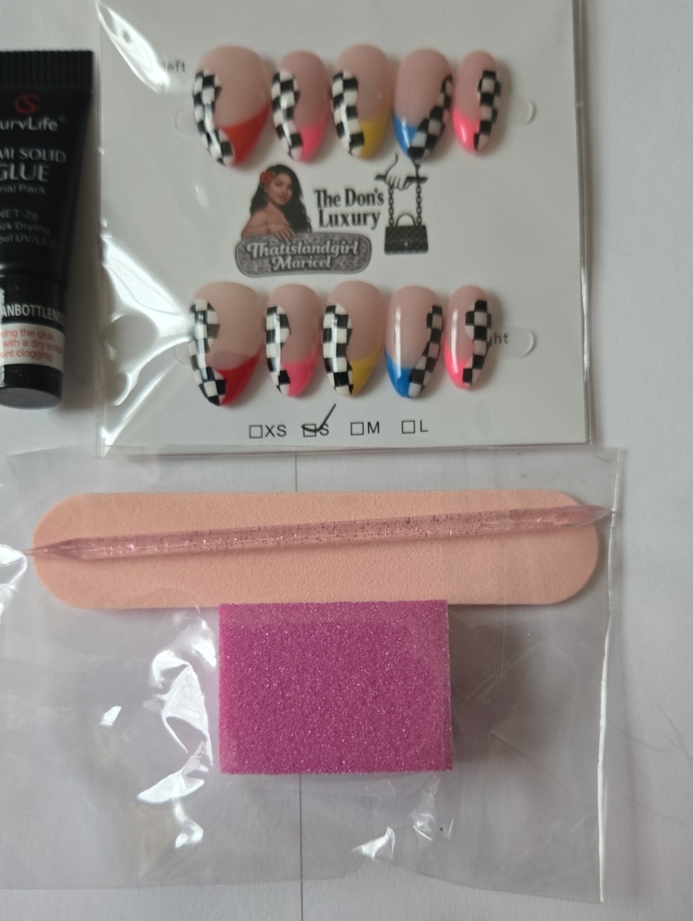 The Don's Luxury Pink & Multicolor Checkered Press-ON/Glue ON  Nail Set! SIZE SM
